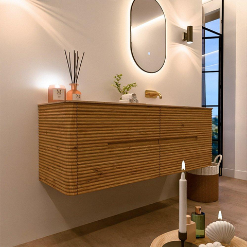Mondiaz CIRO-DLUX Badkamermeubelset - 140x45x50cm - Solid surface wastafel Arena - 1 wasbak Rechts - zonder kraangaten - 4 lades - Oak SW1531336