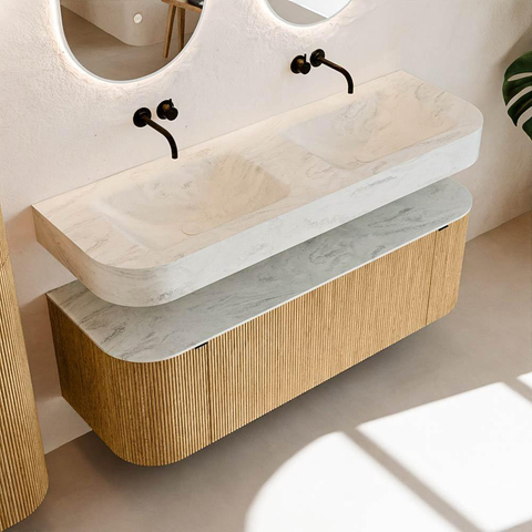 MONDIAZ THOR-DLUX 140cm badmeubel ronding links + rechts kleur Oak met 1 lade en 2 deuren. Vrijhangende wastafel CLOUD Dubbel zonder kraangat kleur Opalo. SW1463973