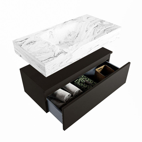 Mondiaz ALAN-DLUX Ensemble de meuble - 90cm - meuble Urban mat - 1 tiroir - Lavabo Cloud Glace suspendu - vasque Centre - 0 trous de robinet SW804824