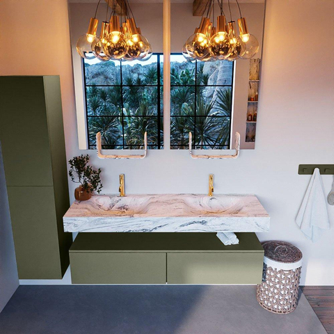 Mondiaz ALAN-DLUX Ensemble de meuble - 150cm - meuble Army mat - 2 tiroirs - Lavabo Cloud Glace suspendu - vasque Gauche et droite - 2 trous de robinet SW805830