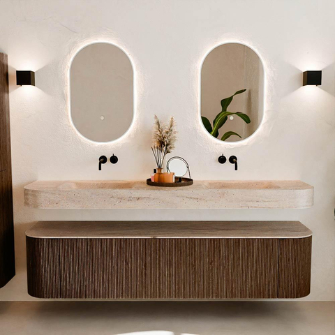 MONDIAZ THOR-DLUX Meuble de salle de bains - 190cm - arrondi gauche + droite - couleur Walnut - 2 tiroirs et 2 portes - Vasque suspendue CLOUD Double sans trou de robinet - couleur Saba SW1466663