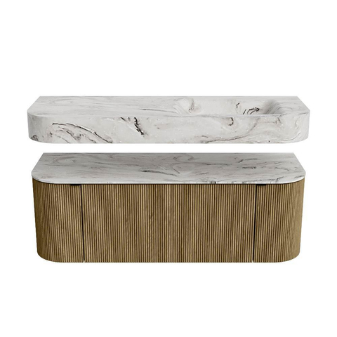MONDIAZ THOR-DLUX 130cm meuble de salle de bains arrondi gauche + droite couleur Dusk avec 1 tiroir et 2 portes. Vasque suspendue CLOUD Droite 1 trou de robinet couleur Glace. SW1463681