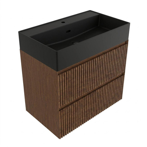 Saniclass Holz Atelier Badkamermeubelset - 80x45x72cm - Legend keramische wastafel mat zwart - 1 wasbak - 1 kraangat - 2 lades - mat walnut pure (hout) SW1579635