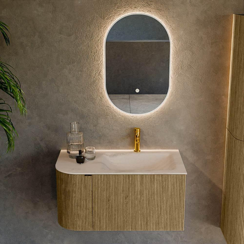 MONDIAZ KURVE-DLUX 85cm badmeubel ronding Links kleur Dusk met 1 lade en 1 deur. Wastafel CLOUD Rechts 1 kraangat Meli. SW1431874