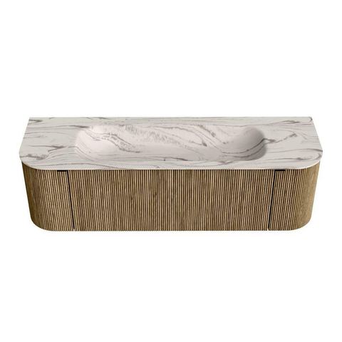 MONDIAZ KURVE-DLUX Meuble de salle de bains 150cm arrondi Gauche + Droite couleur Dusk avec 1 tiroir et 2 portes. Lavabo BIG MEDIUM Central 1 trou de robinet Nata. SW1432401