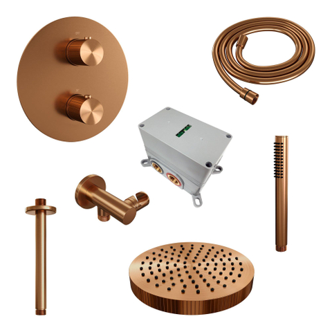 BRAUER Stripe Douche de pluie thermostatique encastrable - 3 voies - ronde - SET 39 - pomme de douche 25cm - bras plafond - douchette à main barre - flexible de douche - coude mural - cuivre brossé PVD SW1434940