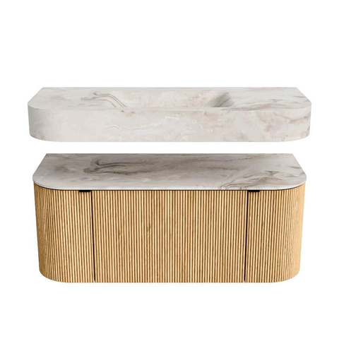 MONDIAZ THOR-DLUX 110cm meuble de salle de bains arrondi gauche + droite couleur Oak avec 1 tiroir et 2 portes. Vasque suspendue CLOUD Milieu sans trou de robinet couleur Frappe. SW1462742