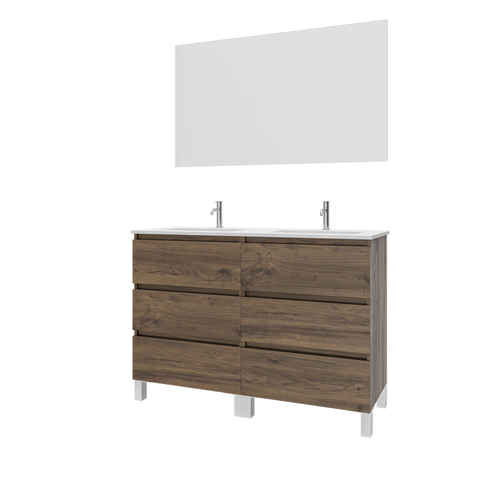 Saniclass Chaci PLUS Meuble de salle de bain - 120x86x46cm - lavabo en céramique blanc - 2 vasques - 2 trous de robinet - 6 tiroirs - miroir rectangulaire - noyer (hout) SW926303