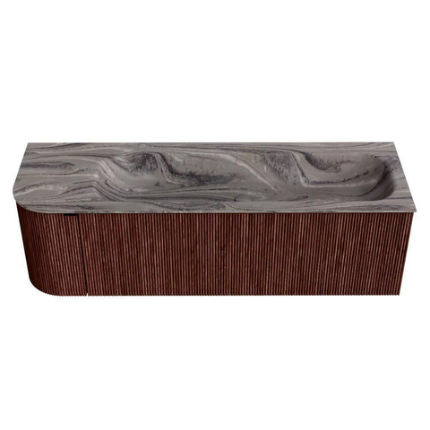 MONDIAZ KURVE-DLUX Meuble de salle de bains 145cm arrondi à gauche couleur Ruby avec 1 tiroir et 1 porte. Lavabo BIG LARGE à droite sans trou de robinet Sombra. SW1433967
