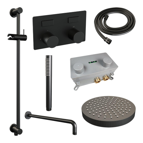BRAUER Stripe Douche de tête thermostatique encastrée - boutons-poussoirs - SET 32 - pomme de douche 25cm - bras mural courbé - douchette à main barre - flexible de douche - barre coulissante intégrée - noir mat SW1435163