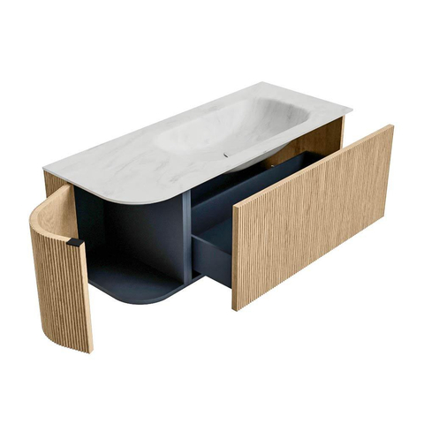 MONDIAZ KURVE-DLUX Meuble de salle de bains 115 cm avec module 25 L couleur Chêne avec 1 tiroir et 1 porte. Lavabo BIG SMALL à droite 1 trou de robinet couleur Opalo. SW1137538