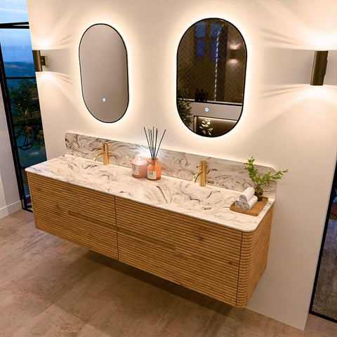 Mondiaz CIRO-DLUX Badkamermeubelset - 180x45x50cm - Solid surface wastafel Glace - 2 wasbak Dubbel - 2 kraangaten - 4 lades - Oak SW1530835