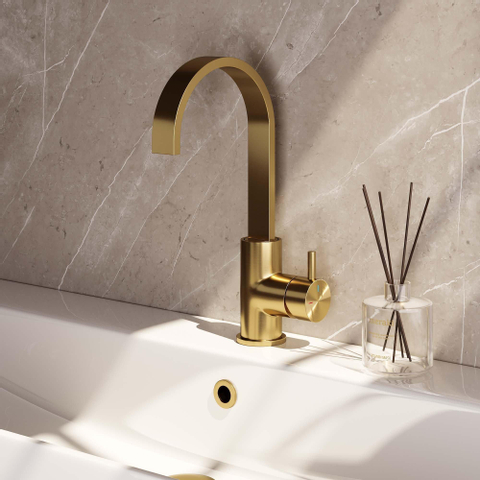Brauer Gold Edition Robinet de lavabo modèle haut bec plat poignée type S3 Coldstart laiton Or brossé SW547714