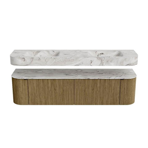 MONDIAZ THOR-DLUX 180cm meuble de salle de bains arrondi gauche + droite couleur Dusk avec 2 tiroirs et 2 portes. Vasque suspendue CLOUD Double sans trou de robinet couleur Glace. SW1465992
