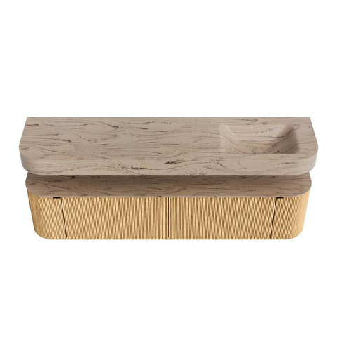 MONDIAZ THOR-DLUX 190cm meuble de salle de bains arrondi gauche + droite couleur Oak avec 2 tiroirs et 2 portes. Vasque suspendue CLOUD droite 1 trou de robinet couleur Arena. SW1466583