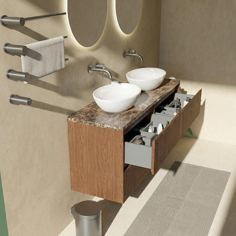 Saniclass Holz Atelier Badkamermeubelset - 140x45x63cm - Noche natuurstenen topblad dark emperador - zonder kraangat - 4 lades - mat walnut pure (hout) SW1478315