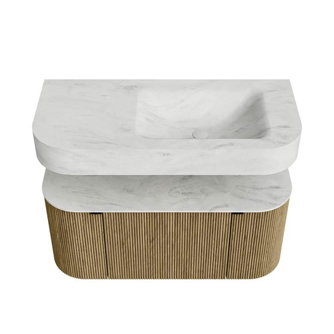 MONDIAZ THOR-DLUX 100cm meuble de salle de bains arrondi gauche + droite couleur Dusk avec 1 tiroir et 2 portes. Vasque suspendue CLOUD droite sans trou de robinet couleur Opalo. SW1467406