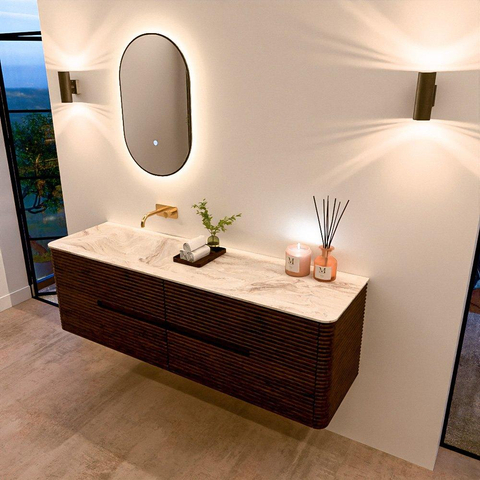 Mondiaz CIRO-DLUX Ensemble de meuble de salle de bains - 160x45x50cm - Plan vasque solid surface Frappe - 1 vasque à gauche - sans trous de robinet - 4 tiroirs - Noyer SW1530208