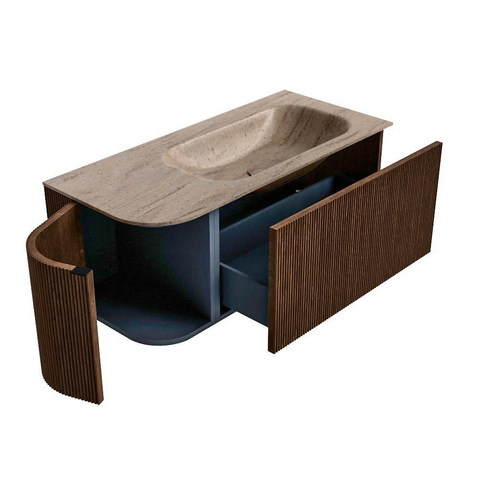 MONDIAZ KURVE-DLUX Meuble de salle de bains 105cm arrondi à gauche couleur Walnut avec 1 tiroir et 1 porte. Lavabo BIG SMALL à droite sans trou de robinet Saba. SW1433151