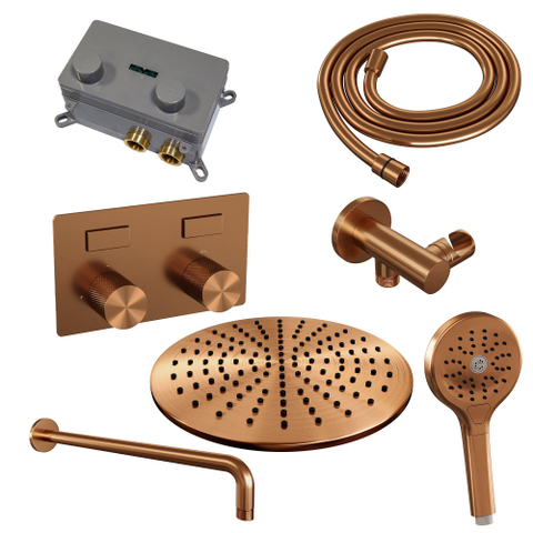 Brauer Copper Carving Douche pluie encastrable - thermostatique - boutons poussoirs - SET 58 - pommeau 30cm - bras mural courbé - douchette 3 jets - flexible - coude mural - Cuivre brossé PVD SW925582