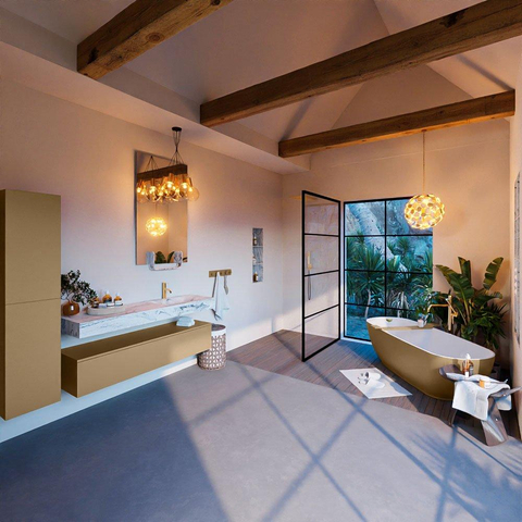 Mondiaz ALAN-DLUX Ensemble de meuble - 150cm - meuble Oro mat - 1 tiroir - Lavabo Cloud Glace suspendu - vasque Droite - 1 trou de robinet SW806254