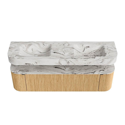 MONDIAZ THOR-DLUX Meuble de salle de bains - 170cm - arrondi gauche + droite - couleur Oak - 1 tiroir - 2 portes - Vasque suspendue CLOUD Double sans trou de robinet - couleur Glace SW1465430