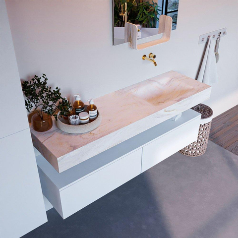 Mondiaz ALAN-DLUX Ensemble de meuble - 150cm - meuble Talc mat - 2 tiroirs - Lavabo Cloud Ostra suspendu - vasque Droite - 0 trous de robinet SW807146