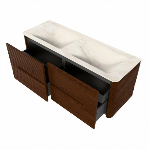 Mondiaz CIRO-DLUX Badkamermeubelset - 130x45x50cm - Solid surface wastafel Ostra - 2 wasbak Dubbel - 2 kraangaten - 4 lades - Ruby SW1531834