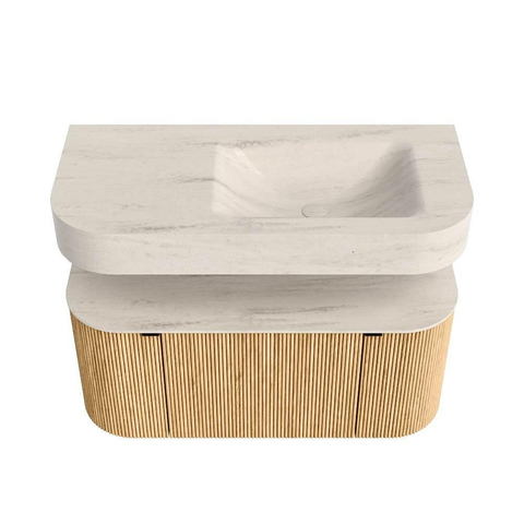 MONDIAZ THOR-DLUX 100cm meuble de salle de bains arrondi gauche + droite couleur Chêne avec 1 tiroir et 2 portes. Vasque suspendue CLOUD Droite 1 trou de robinet couleur Meli. SW1467725