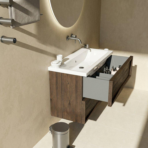 Saniclass Holz Frame Ensemble de meubles de salle de bains - 100x45x63.5cm - Lavabo Bari en céramique blanc - 1 vasque - sans trou de robinet - 2 tiroirs - chêne charcoal mat (bois) SW1579731
