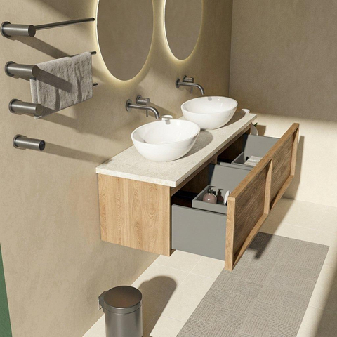 Saniclass Holz Frame Badkamermeubelset - 140x45x43cm - Travertine natuurstenen topblad - zonder kraangat - 2 lades - mat eiken natural (hout) SW1478890