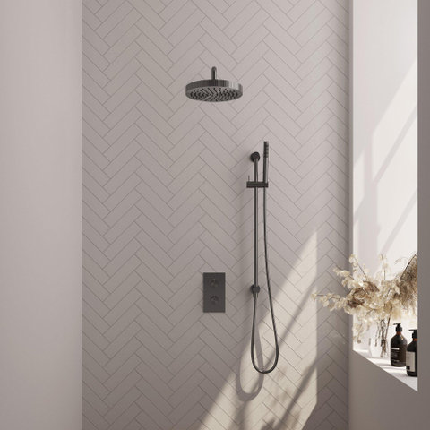 BRAUER Stripe Thermostatische Inbouw Regendouche - 3-weg - rechthoekig - SET 20 - 25cm douchekop - gebogen muurarm - staaf handdouche - doucheslang - geïntegreerde glijstang - gunmetal geborsteld PVD SW1435252