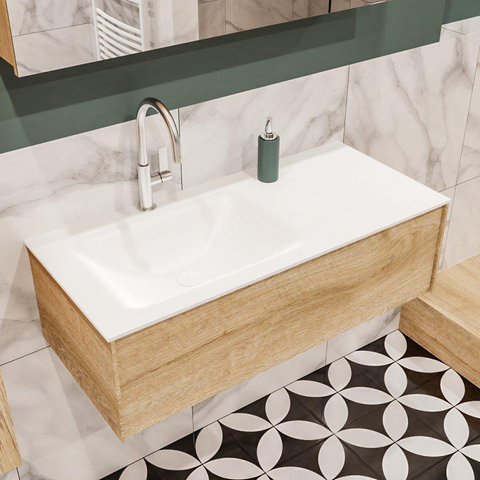 MONDIAZ LUSH Ensemble de meuble salle de bain - 100cm - 1 tiroir - lavabo cloud - vasque à gauche - 1 trou de robinet - chêne blanchi SW409367