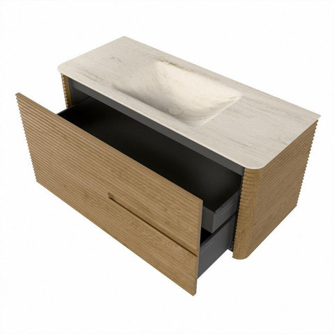 Mondiaz CIRO-DLUX Meuble de salle de bains - 110x45x50cm - Lavabo solid surface Meli - 1 vasque au milieu - sans trous de robinet - 2 tiroirs - Chêne SW1531386