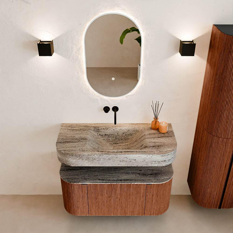MONDIAZ THOR-DLUX 100cm meuble de salle de bains arrondi gauche + droite couleur Ruby avec 1 tiroir et 2 portes. Vasque suspendue CLOUD Milieu sans trou de robinet couleur Oza. SW1467539