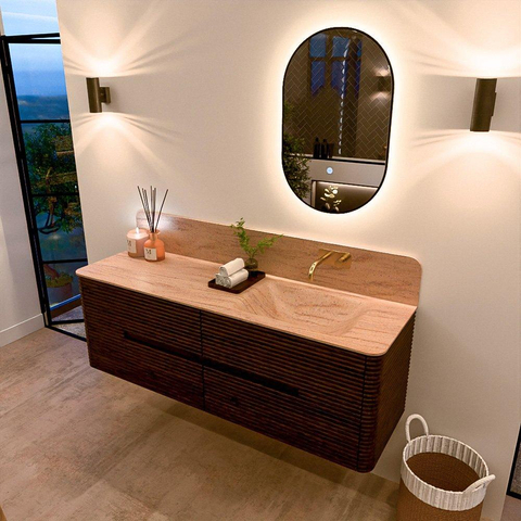 Mondiaz CIRO-DLUX Meuble de salle de bains - 150x45x50cm - Plan vasque Solid surface Saba - 1 lavabo à droite - sans trous de robinetterie - 4 tiroirs - Noyer SW1530704