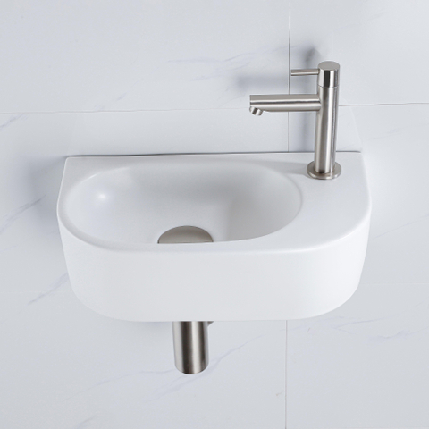 QeramiQ Fuente fonteinset – halfrond – 40x21.5x12 cm – keramiek wit mat – kraangat rechts – kraan geborsteld RVS SW1232812
