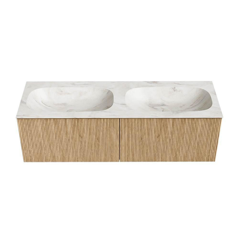 MONDIAZ KURVE-DLUX meuble de salle de bains 140 cm couleur Oak avec 2 tiroirs. Lavabo STOR SMALL double 2 trous de robinet couleur Ostra. SW1138540