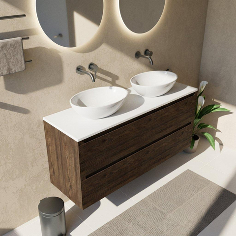Saniclass Holz Pure Badkamermeubelset - 140x45x62.5cm - Torino solid surface topblad wit - zonder kraangat - 4 lades - mat eiken charcoal (hout) SW1478823