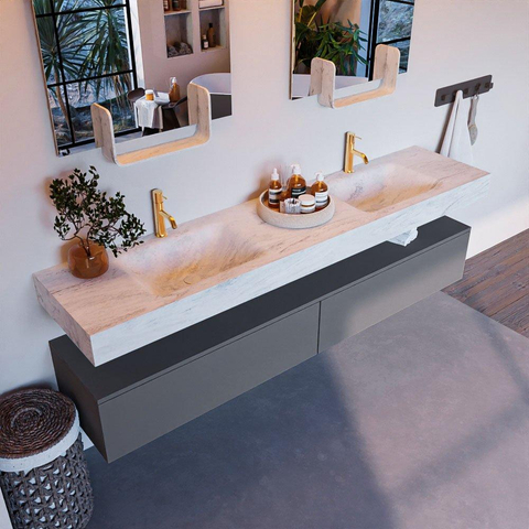 Mondiaz ALAN-DLUX Ensemble de meuble - 200cm - meuble Plata mat - 2 tiroirs - Lavabo Cloud Opalo suspendu - vasque Gauche et droite - 2 trous de robinet SW806850