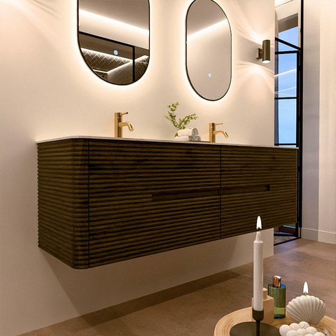 Mondiaz CIRO-DLUX Badkamermeubelset - 160x45x50cm - Solid surface wastafel Opalo - 2 wasbak Dubbel - 2 kraangaten - 4 lades - Shadow SW1532472