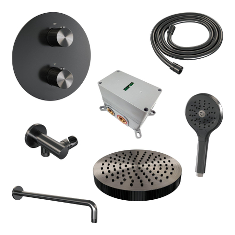 BRAUER Stripe Douche de tête thermostatique encastrable - 3 voies - ronde - SET 41 - pomme de douche 25cm - bras mural courbé - douchette 3 jets - flexible de douche - coude mural - gunmetal brossé PVD SW1435016