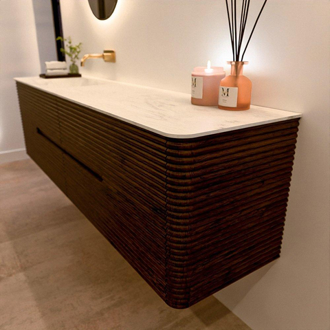 Mondiaz CIRO-DLUX Badkamermeubelset - 180x45x50cm - Solid surface wastafel Opalo - 1 wasbak Links - zonder kraangaten - 4 lades - Walnut SW1530330