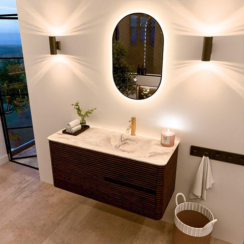 Mondiaz CIRO-DLUX Meuble de salle de bains - 110x45x50cm - Plan vasque solid surface Frappe - 1 vasque à droite - 1 trou de robinet - 2 tiroirs - Noyer SW1530324