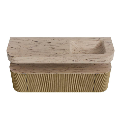 MONDIAZ THOR-DLUX 150cm meuble de salle de bains arrondi gauche + droite couleur Dusk avec 1 tiroir et 2 portes. Vasque suspendue CLOUD Droite 1 trou de robinet couleur Arena. SW1464749