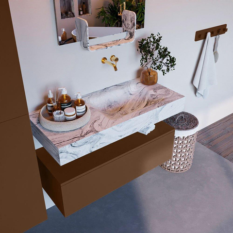 Mondiaz ALAN-DLUX Ensemble de meuble - 100cm - meuble Rust mat - 1 tiroir - Lavabo Cloud Glace suspendu - vasque Droite - 0 trous de robinet SW805907