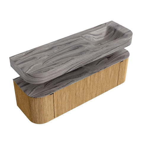 MONDIAZ THOR-DLUX 150cm badmeubel ronding links + rechts kleur Oak met 1 lade en 2 deuren. Vrijhangende wastafel CLOUD Rechts 1 kraangat kleur Sombra. SW1464897
