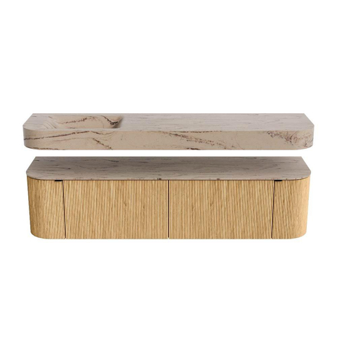 MONDIAZ THOR-DLUX 180cm badmeubel ronding links + rechts kleur Oak met 2 lades en 2 deuren. Vrijhangende wastafel CLOUD Links 1 kraangat kleur Arena. SW1466117