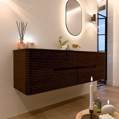 Mondiaz CIRO-DLUX Badkamermeubelset - 160x45x50cm - Solid surface wastafel Oza - 1 wasbak Rechts - zonder kraangaten - 4 lades - Walnut SW1530672