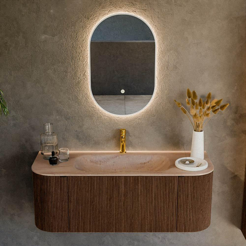 MONDIAZ KURVE-DLUX 120cm badmeubel ronding Links + Rechts kleur Walnut met 1 lade en 2 deuren. Wastafel BIG SMALL Midden 1 kraangat Saba. SW1433157